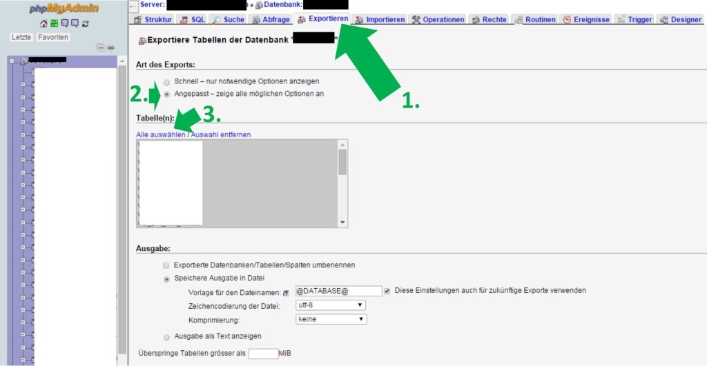 Datenbank Backup der Nischenseite über phpMyAdmin