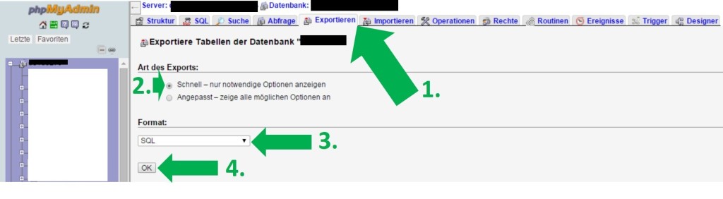 Datenbank Backup über phpMyAdmin, Nischenseite, Website